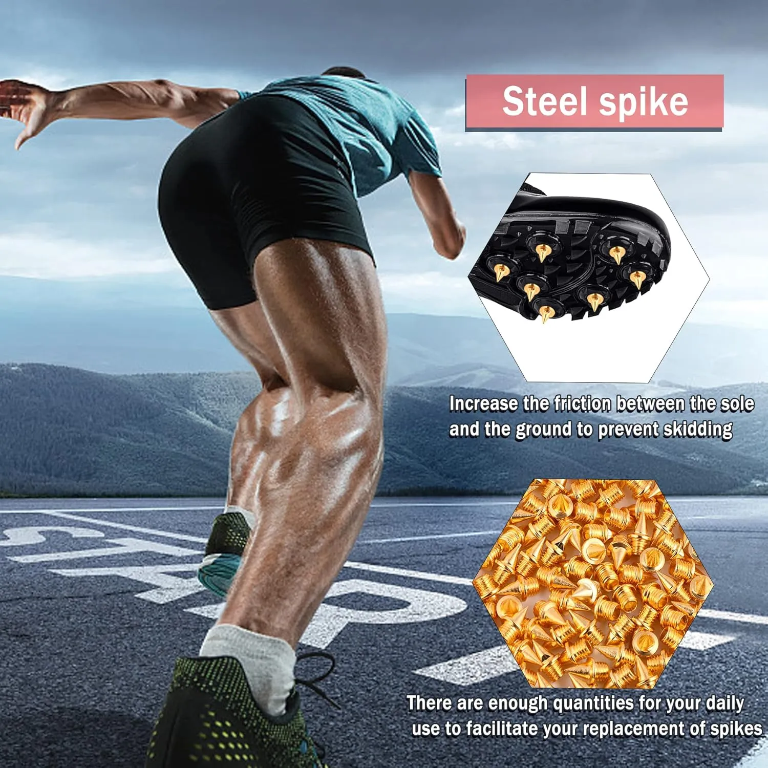 20pcs 1/4inch Hard Steel Track and Cross Country Spikes with Spike Wrench, Replacement Spikes for Sprint Sports Short Running Shoes (Gold)