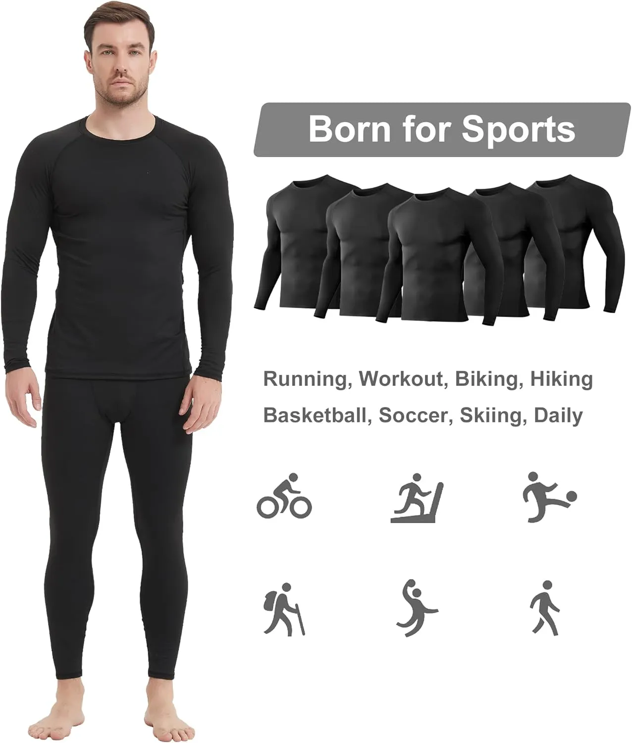 5 Pack Men's Compression Shirts Long Sleeve Athletic Workout Sports Undershirt Base Layer Top for Winter