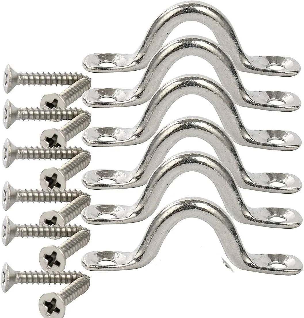 Amarine Made Pack of 6 Stainless Steel Bimini Boat Top PAD Eye, Eye Straps, Tie Down, Kayak Deck Loops, Tie Down Anchor Point, footman's Loop for Kayak Canoe Rigging
