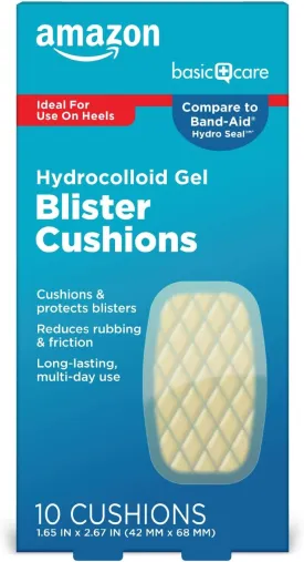Amazon Basic Care Extreme Hydrocolloid Gel Blister Cushion Bandages for Heels, 2X Faster Healing, Protection & Pain Relief against Burns, Rubbing & Friction, 10 Count (1.65 in x 2.67 inches)