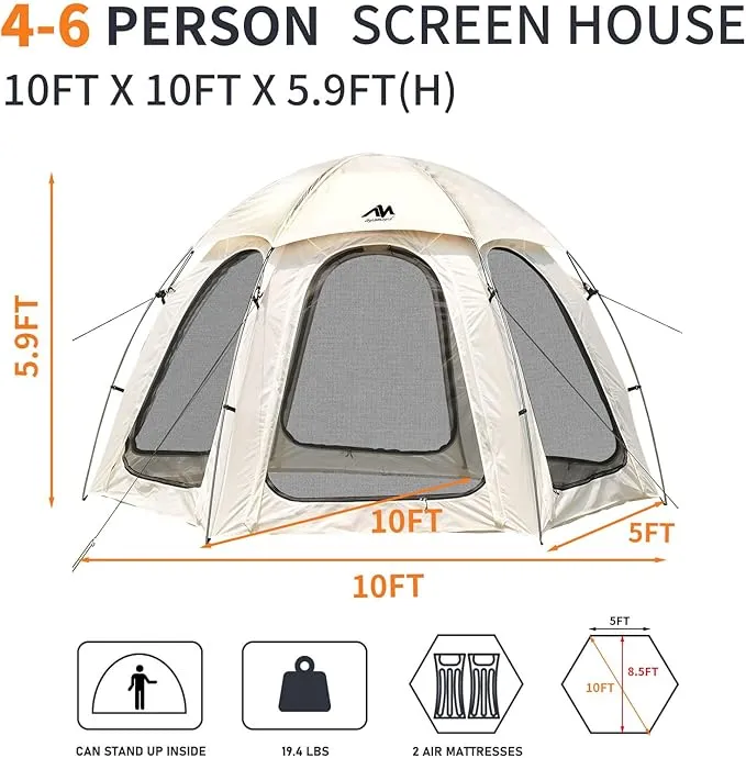AYAMAYA Screen Tent 10x10 FT Outdoor Camping Tent Canopy with Removable Waterproof Rainfly & Ground Sheet, Luxury Yurt Glamping Tent Screened Shelter Gazebos for Patios Camping Acitvities