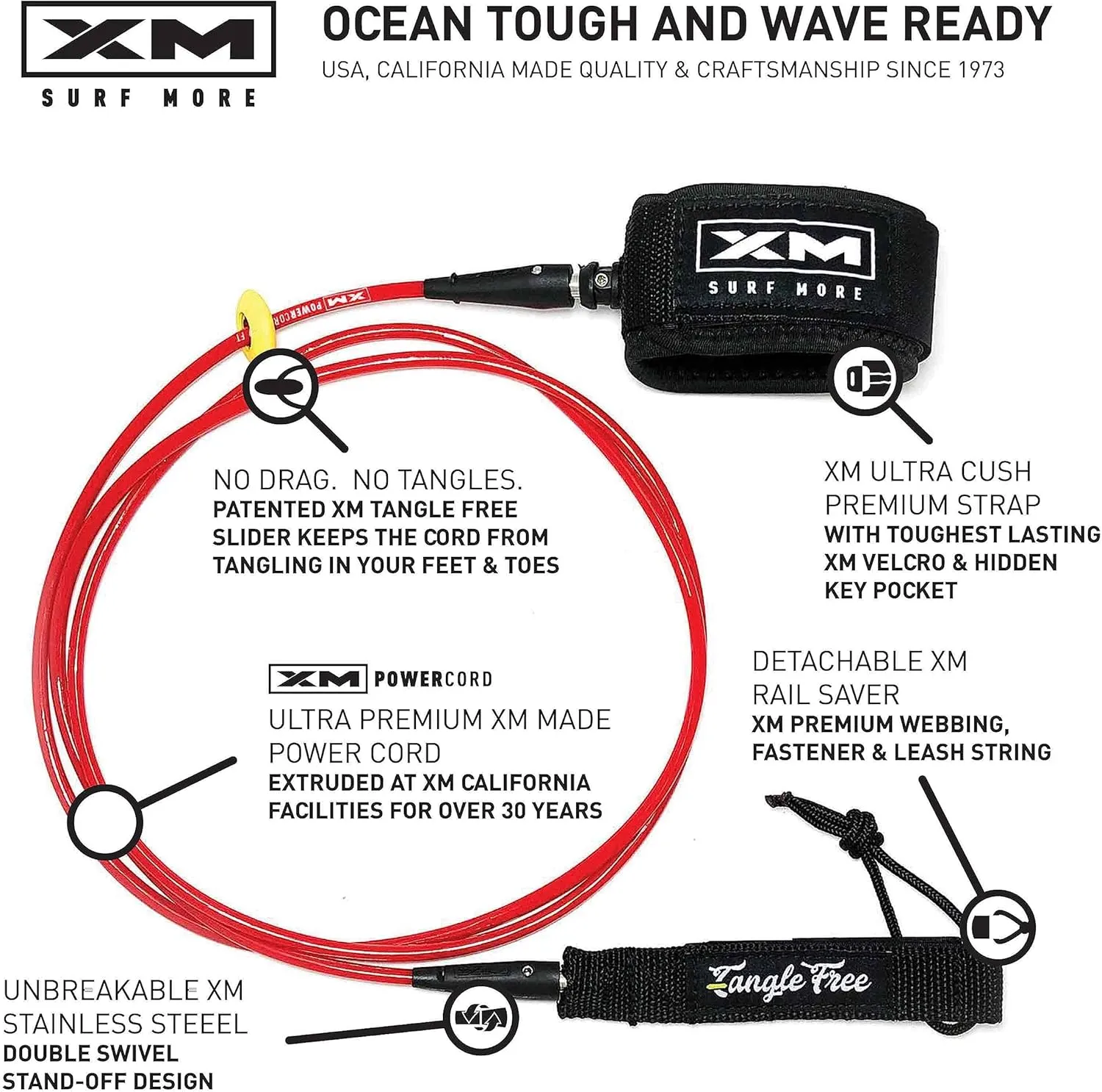 Big Wave 6ft-12ft Surfboard Leash with Tangle Free Upgrade, Cord Thickness (.313in), Key Pocket, Unbreakable Swivels, Detachable Railsaver, Made in USA
