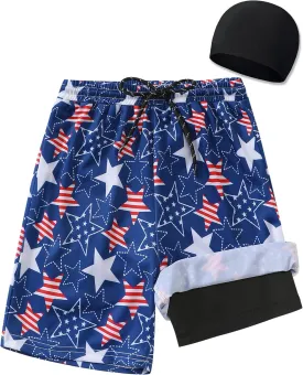 Boys Swim Trunks 2-16 Years Compression Liner Swimsuit Shorts fo Kids Quick-Dry Stretch Swimwear (Includes Swim Cap)