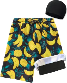 Boys Swim Trunks 2-16 Years Compression Liner Swimsuit Shorts fo Kids Quick-Dry Stretch Swimwear (Includes Swim Cap)