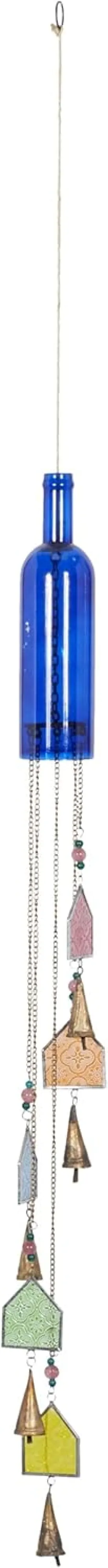 Deco 79 Glass Glass Bottle Windchime with Beads and Cone Bells, 3" x 3" x 41", Blue