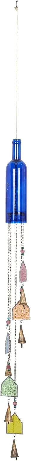 Deco 79 Glass Glass Bottle Windchime with Beads and Cone Bells, 3" x 3" x 41", Blue
