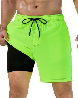 difficort Mens Swim Trunks with Compression Liner Quick-Dry Bathing Suit with Zipper Pockets