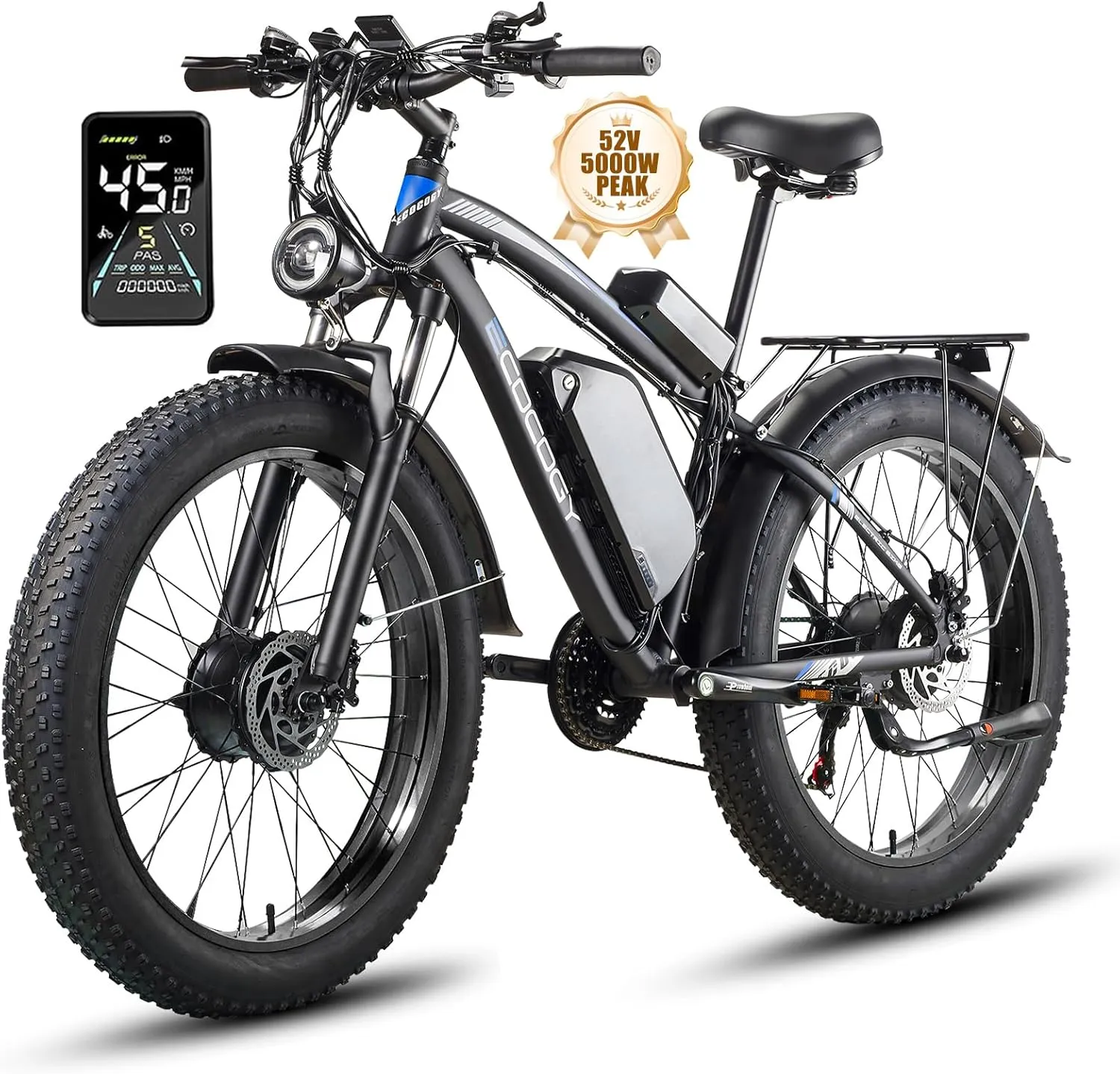 Dual Motor Electric Bikes for Adults, 52V 5000W Peak Ebikes, 32Ah/25Ah, Max 40-45MPH &95Miles E-Bike, Hydraulic Disc Brake , 26" Fat Tire Off Road Snow Mountain E-bikes, 7-Speed Pedal Assist Bicycle