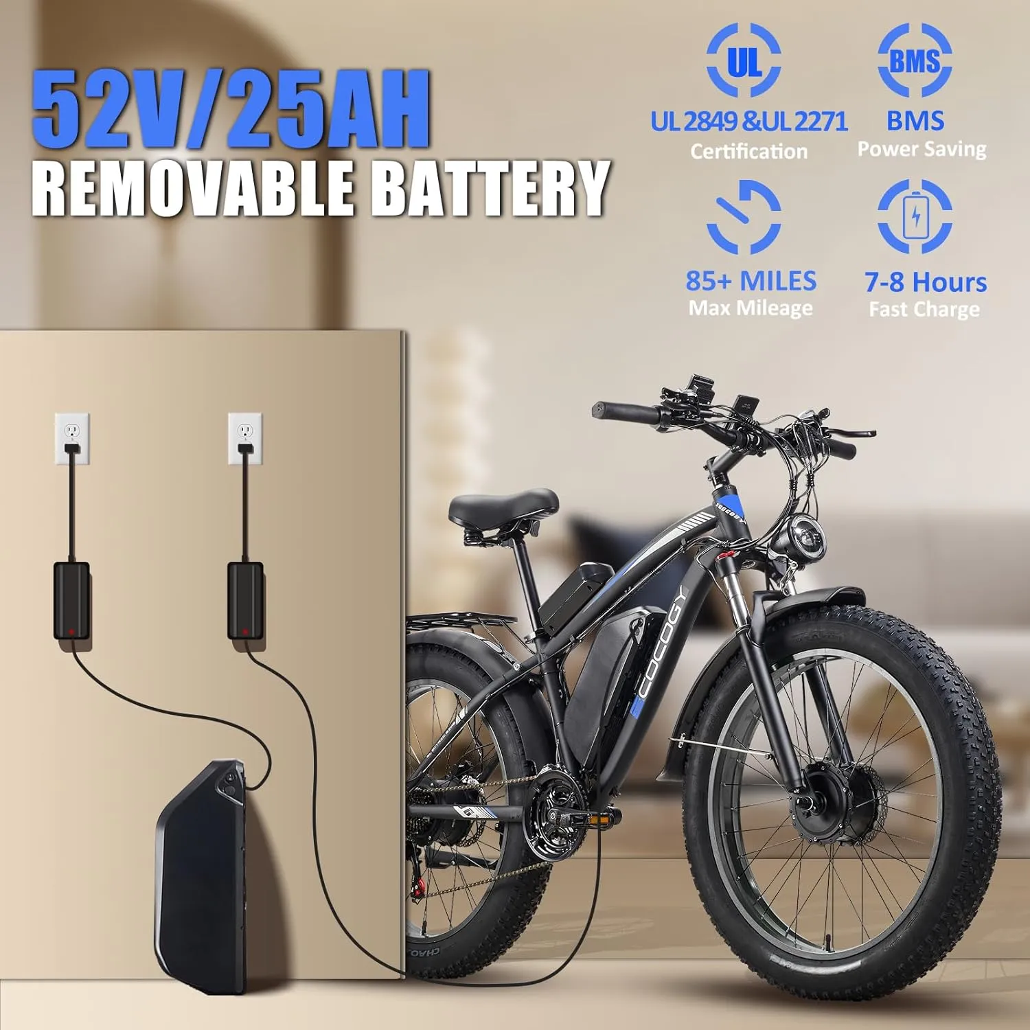 Dual Motor Electric Bikes for Adults, 52V 5000W Peak Ebikes, 32Ah/25Ah, Max 40-45MPH &95Miles E-Bike, Hydraulic Disc Brake , 26" Fat Tire Off Road Snow Mountain E-bikes, 7-Speed Pedal Assist Bicycle