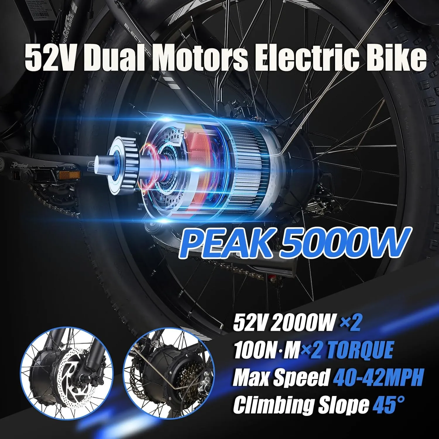Dual Motor Electric Bikes for Adults, 52V 5000W Peak Ebikes, 32Ah/25Ah, Max 40-45MPH &95Miles E-Bike, Hydraulic Disc Brake , 26" Fat Tire Off Road Snow Mountain E-bikes, 7-Speed Pedal Assist Bicycle