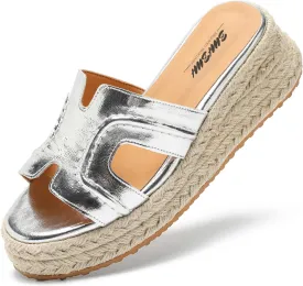 Espadrilles Wedges for Women Platform Raffia sandals Beach Slip On Shoes Summer Open toe heels Leather uppers Slides Mules for Dressy