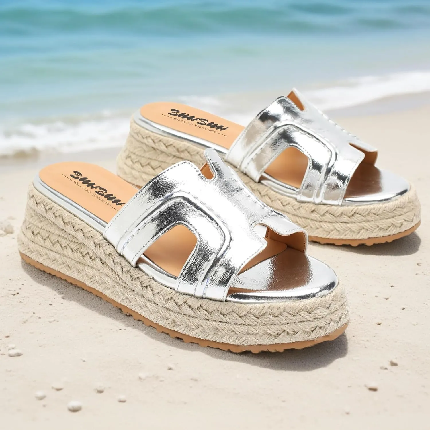 Espadrilles Wedges for Women Platform Raffia sandals Beach Slip On Shoes Summer Open toe heels Leather uppers Slides Mules for Dressy