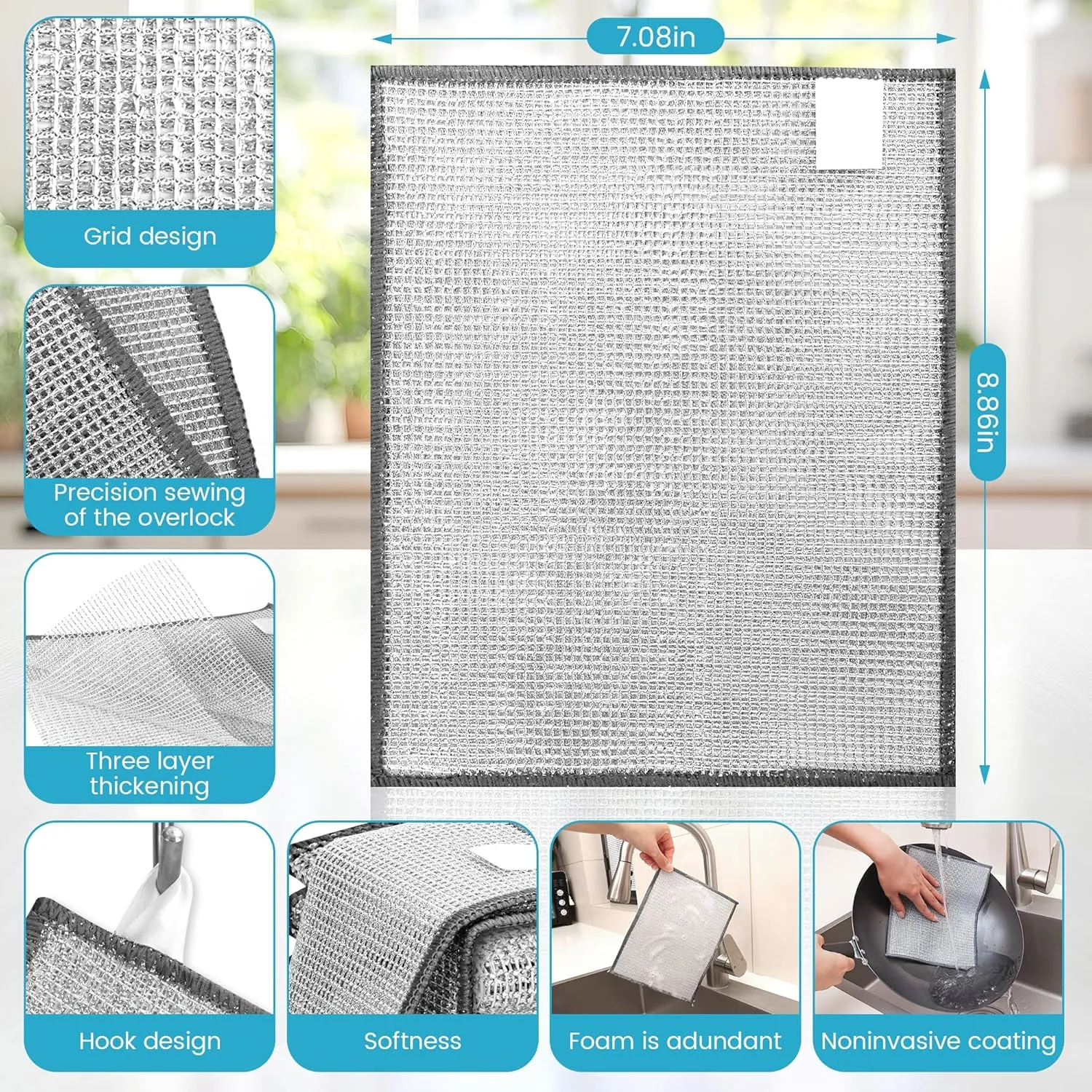 Forggon10 Pcs New Upgrade 3-Layer Metal Dish Cloth, No Scratches and No Odor, Multipurpose Wire Dishwashing Rag for Wet and Dry, Kitchen Cleaning DishRags,Sinks,Dishes,Stove Top, Dimensions(7.08X8.86)