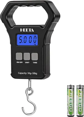 HEETA Fish Scale, 110lb/50kg Digital Portable Hanging Fishing Weight Scale with Backlit LCD Display, Luggage Scale with Hook & Non-Slip Large ABS Handle & 2 AAA Batteries, Fishing Gift for Men