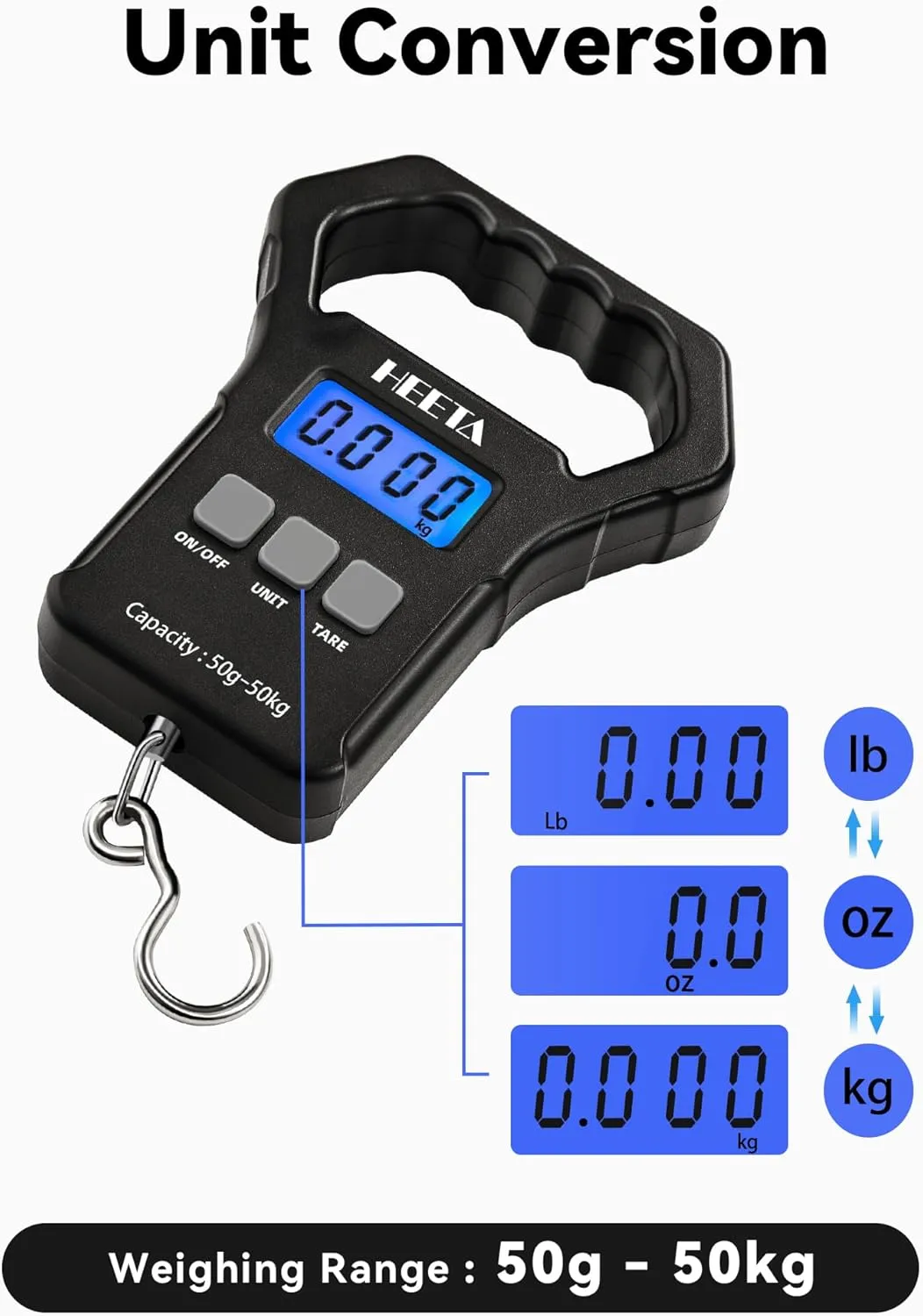 HEETA Fish Scale, 110lb/50kg Digital Portable Hanging Fishing Weight Scale with Backlit LCD Display, Luggage Scale with Hook & Non-Slip Large ABS Handle & 2 AAA Batteries, Fishing Gift for Men