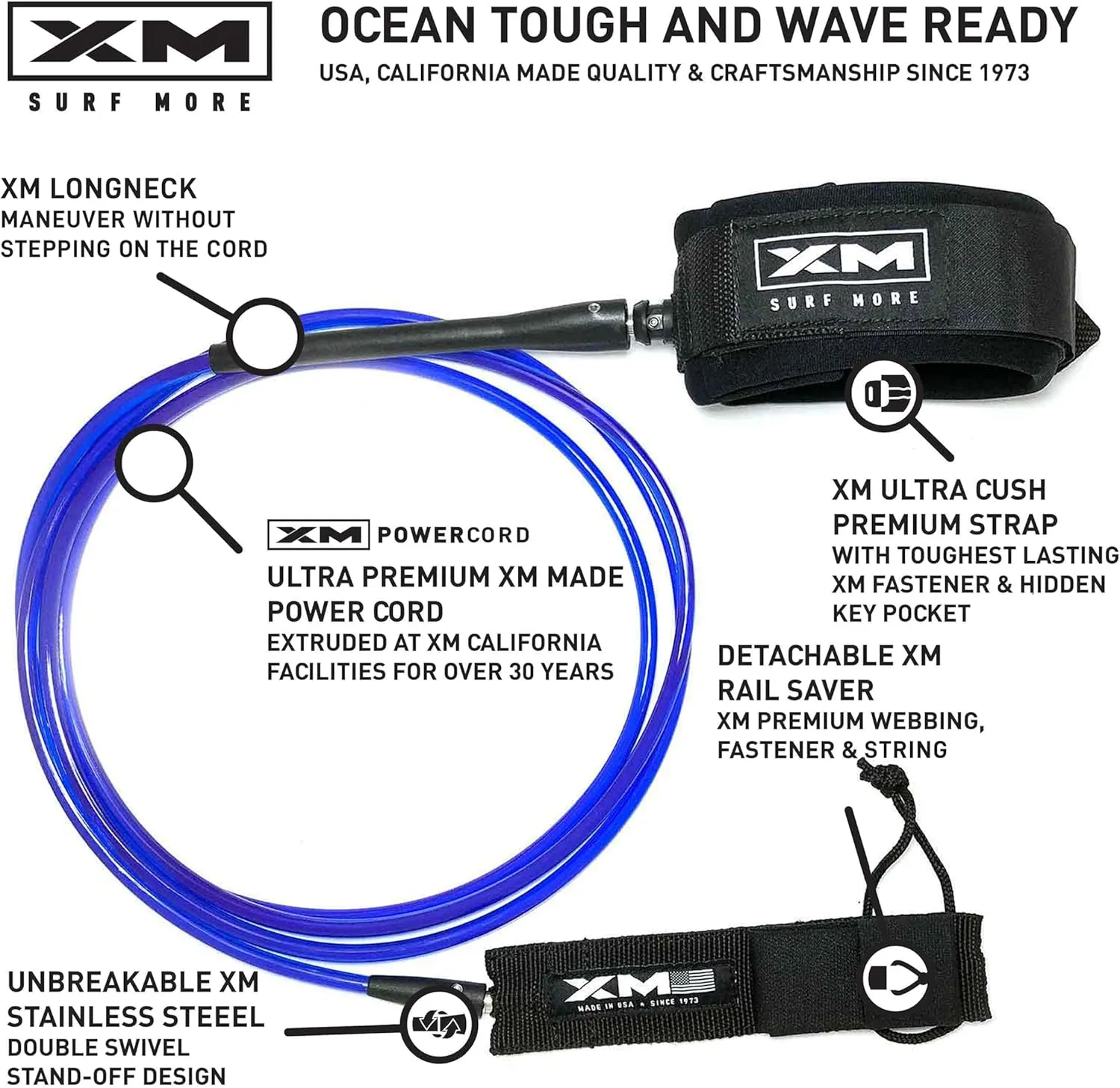 Longneck Surfboard Leash 8-12ft, Regular Cord Thickness(.270 in), Ideal for Longboard, Manuever Without Stepping on Cord, Key Pocket, Unbreakable Swivel, Detachable Railsaver, Made in USA