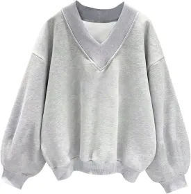 LovelyWholesale Women Oversized V Neck Sweatshirt Long Sleeve Shirts Drop Shoulder Tops