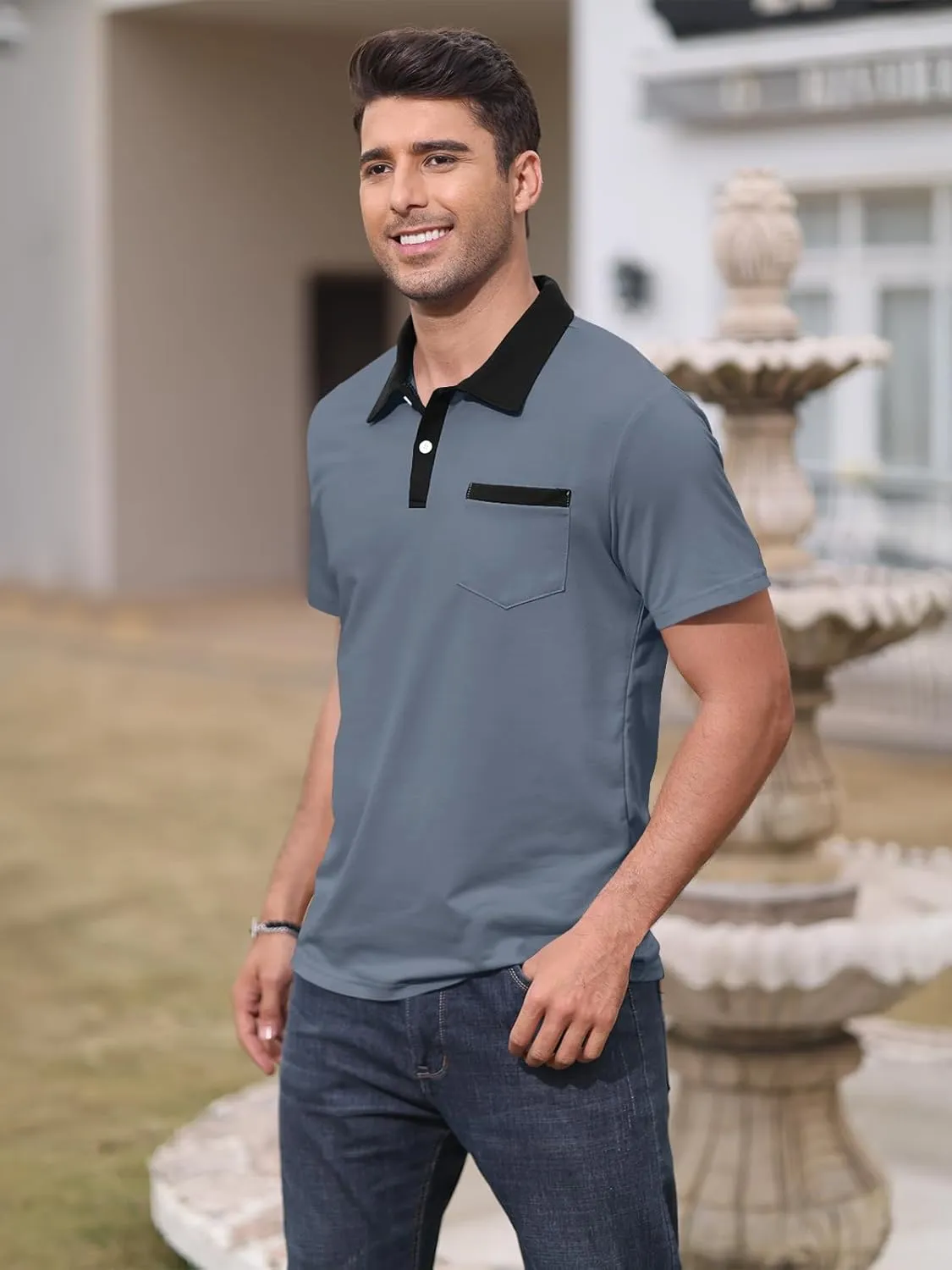 Mens Short Sleeve Polo Shirts Casual Summer Button Basic Shirt Classic Golf Stylish Tops with Pocket