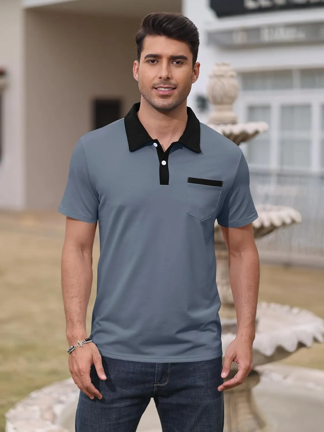 Mens Short Sleeve Polo Shirts Casual Summer Button Basic Shirt Classic Golf Stylish Tops with Pocket