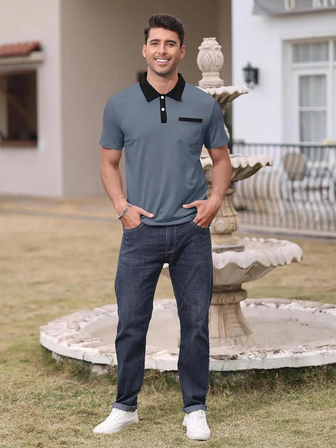 Mens Short Sleeve Polo Shirts Casual Summer Button Basic Shirt Classic Golf Stylish Tops with Pocket