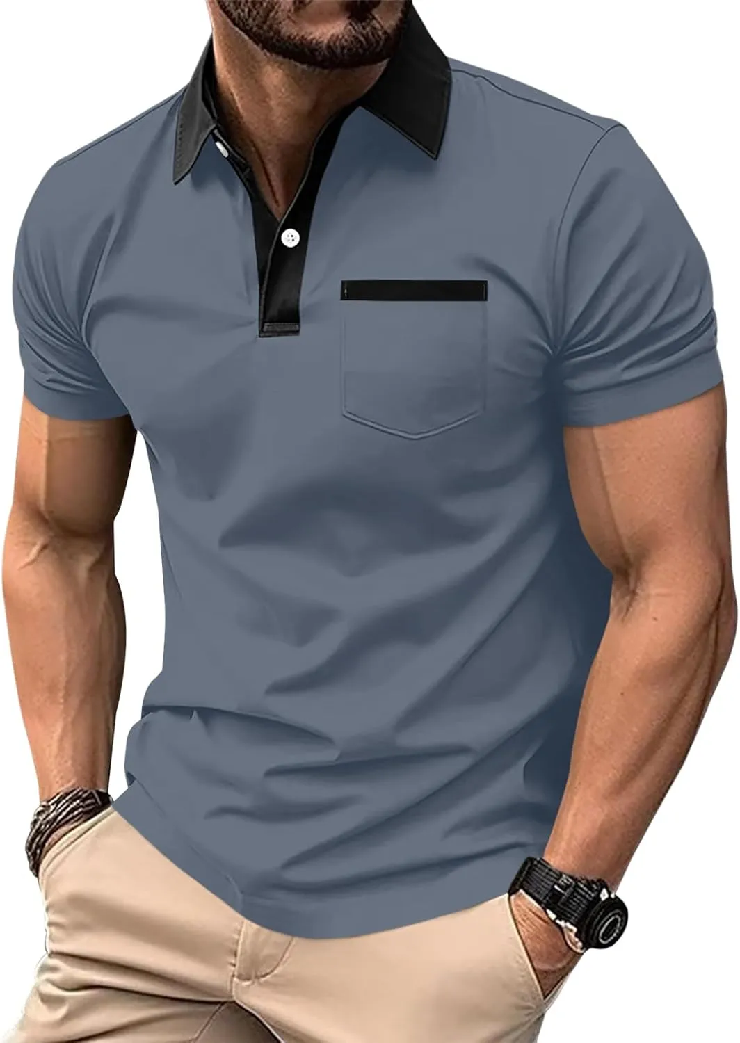 Mens Short Sleeve Polo Shirts Casual Summer Button Basic Shirt Classic Golf Stylish Tops with Pocket