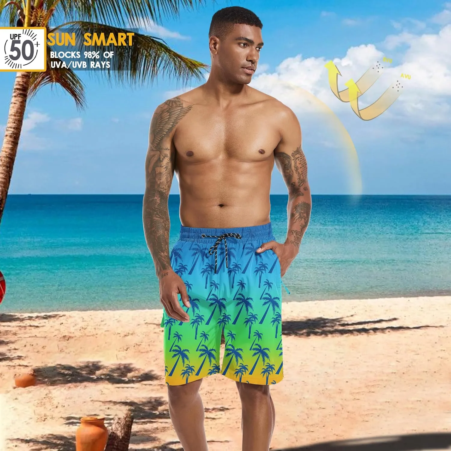 Mens Swim Trunks 9" Board Shorts with Compression Liner Swimsuit Built-in Bathing Suit Quick Dry Swimwear Zipper Pocket
