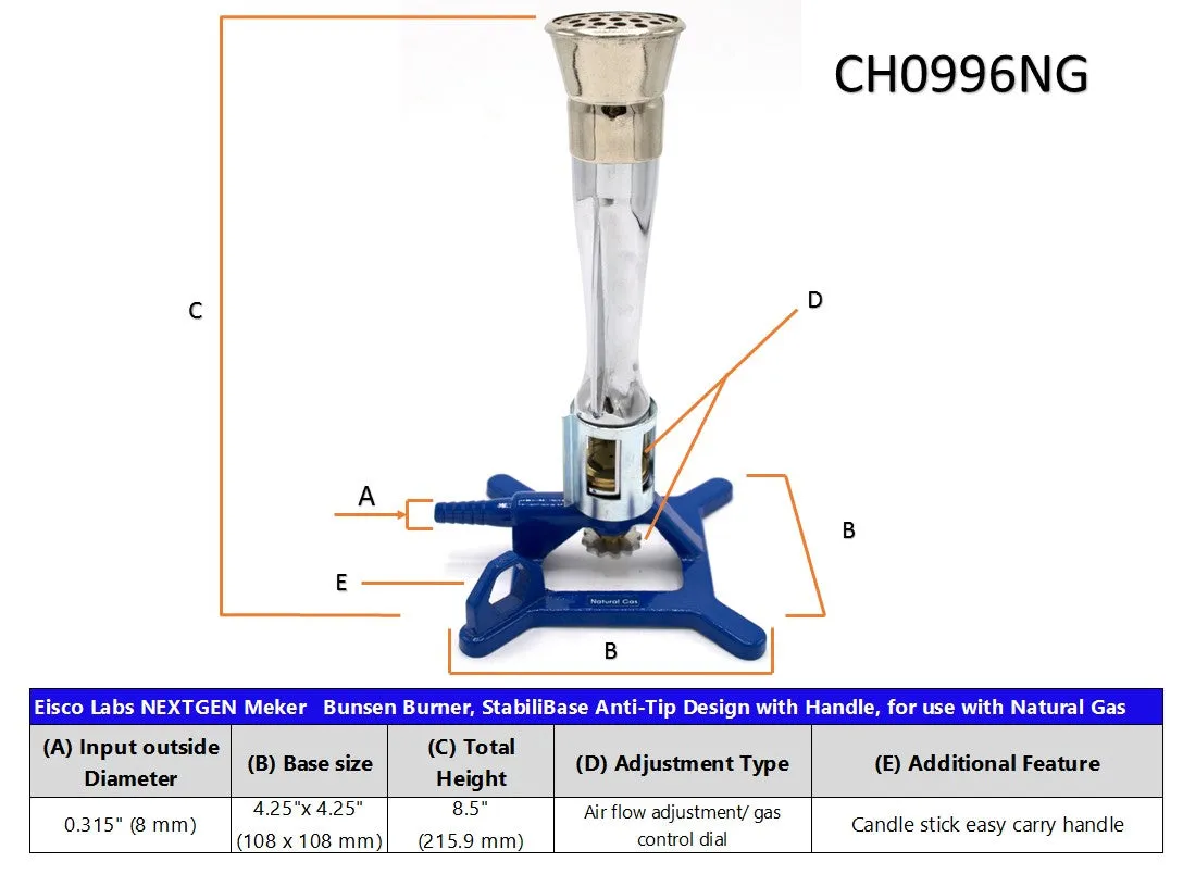 Natural Gas Meker Bunsen Burner, StabiliBase Anti-Tip Design with Handle, NG - Very High Temperature (1780°C) BTU Range - 935 to 1180 - Eisco Labs