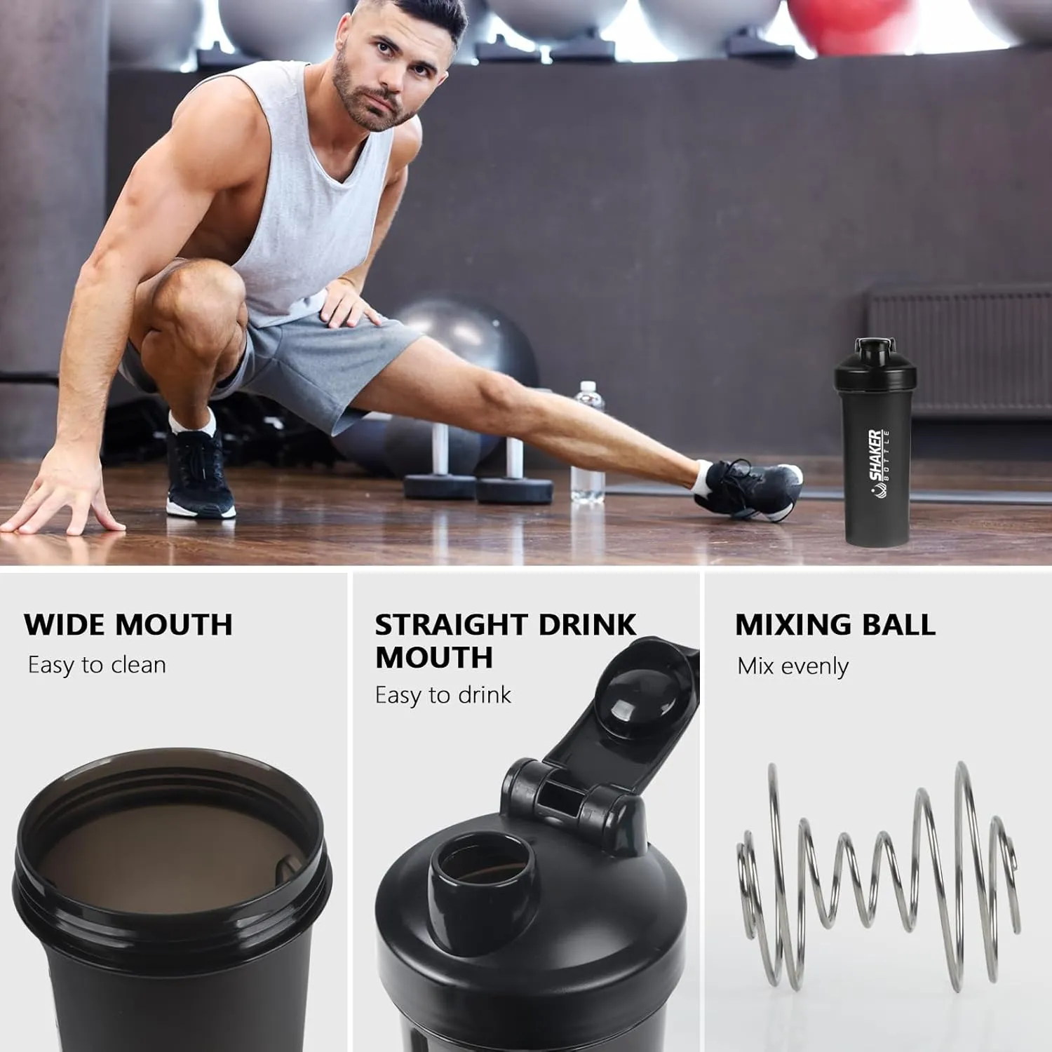 Protein Shaker Bottle 24oz- Leak- Proof GYM Shaker Cup with Handle and Mixing Ball Effortlessly Blend Drinks, Stay Hydrated During Workouts - BPA Free (BLACK)