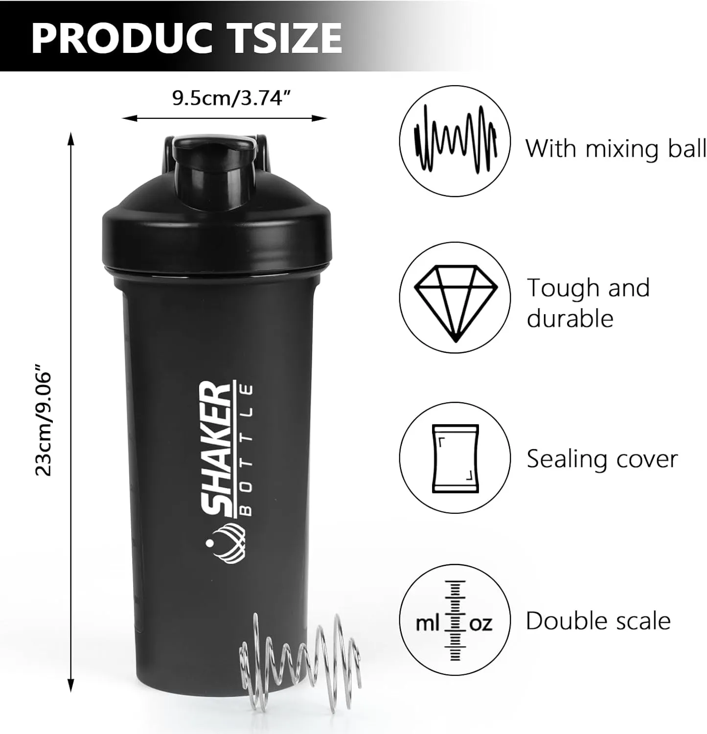 Protein Shaker Bottle 24oz- Leak- Proof GYM Shaker Cup with Handle and Mixing Ball Effortlessly Blend Drinks, Stay Hydrated During Workouts - BPA Free (BLACK)