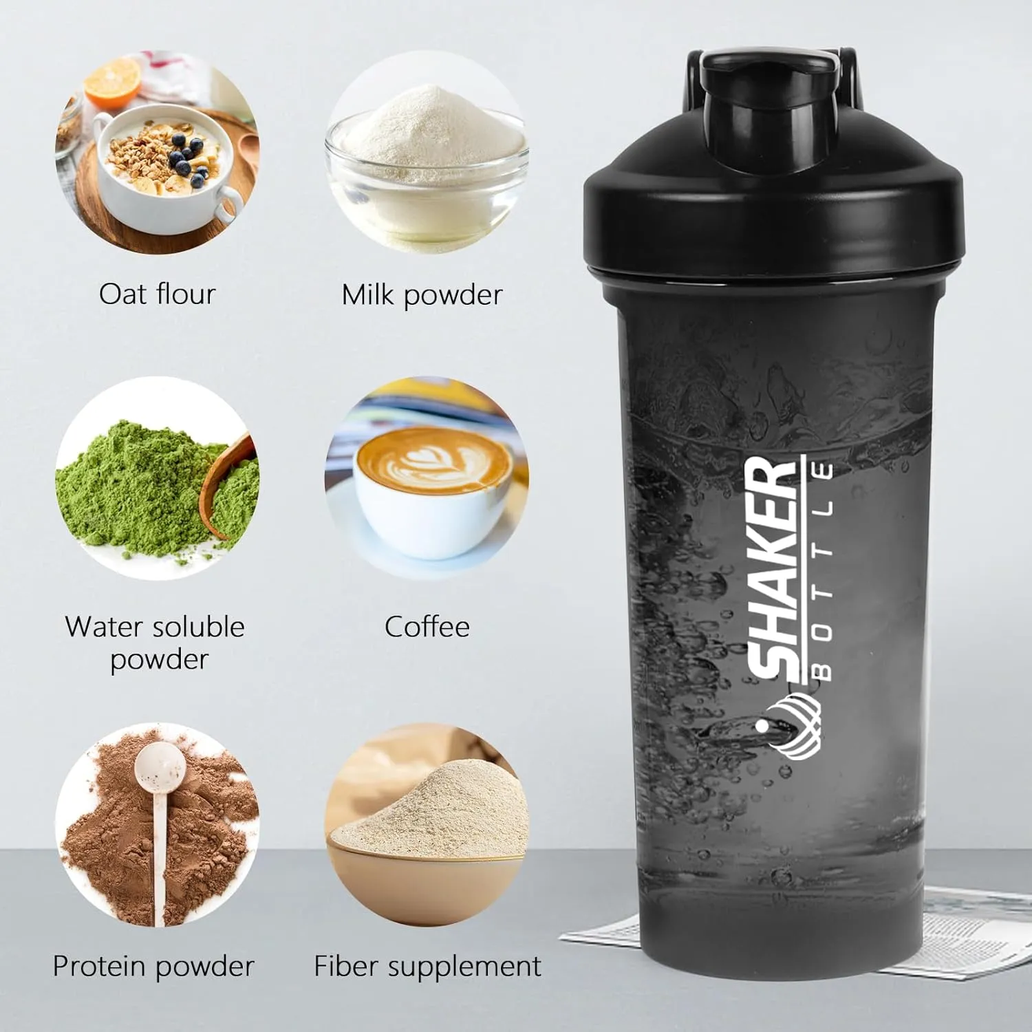 Protein Shaker Bottle 24oz- Leak- Proof GYM Shaker Cup with Handle and Mixing Ball Effortlessly Blend Drinks, Stay Hydrated During Workouts - BPA Free (BLACK)