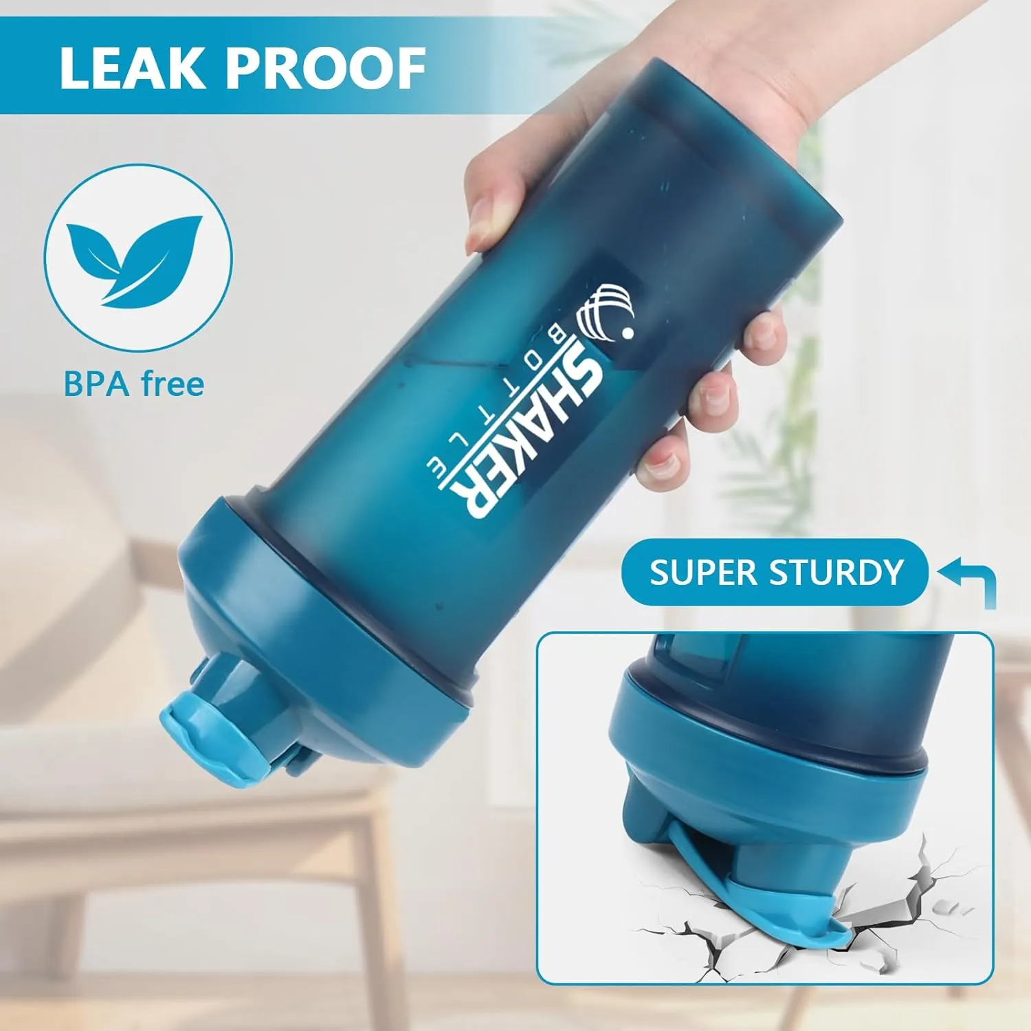 Protein Shaker Bottle 24oz- Leak- Proof GYM Shaker Cup with Handle and Mixing Ball Effortlessly Blend Drinks, Stay Hydrated During Workouts - BPA Free (BLUE)