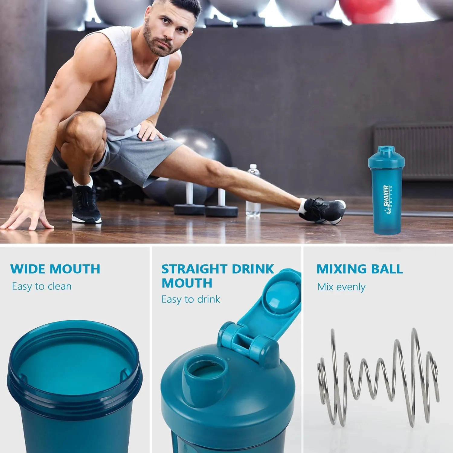 Protein Shaker Bottle 24oz- Leak- Proof GYM Shaker Cup with Handle and Mixing Ball Effortlessly Blend Drinks, Stay Hydrated During Workouts - BPA Free (BLUE)