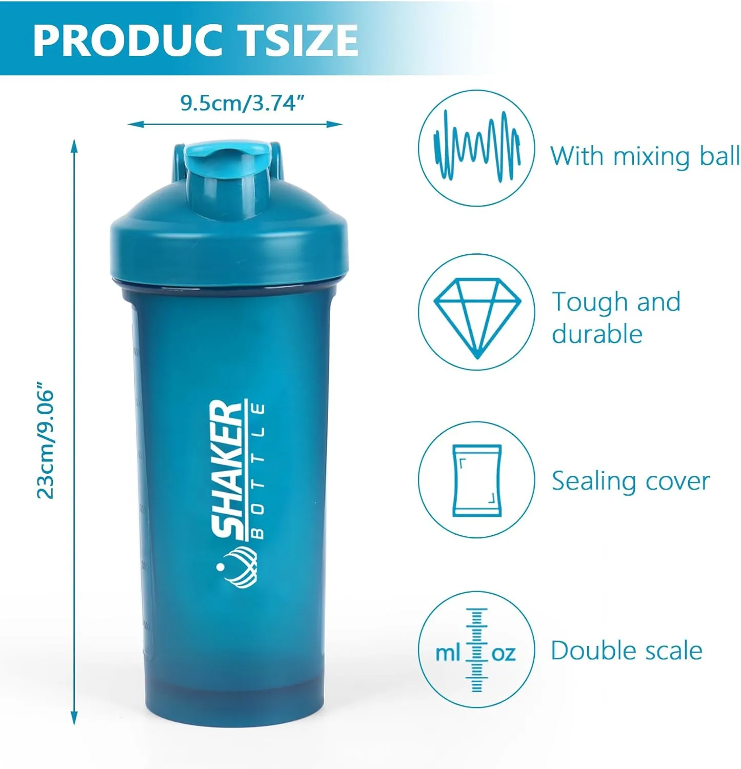 Protein Shaker Bottle 24oz- Leak- Proof GYM Shaker Cup with Handle and Mixing Ball Effortlessly Blend Drinks, Stay Hydrated During Workouts - BPA Free (BLUE)