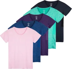 Real Essentials 5 Pack: Women's Dry Fit Tech Stretch Short-Sleeve Crew Neck Athletic T-Shirt (Available in Plus Size)