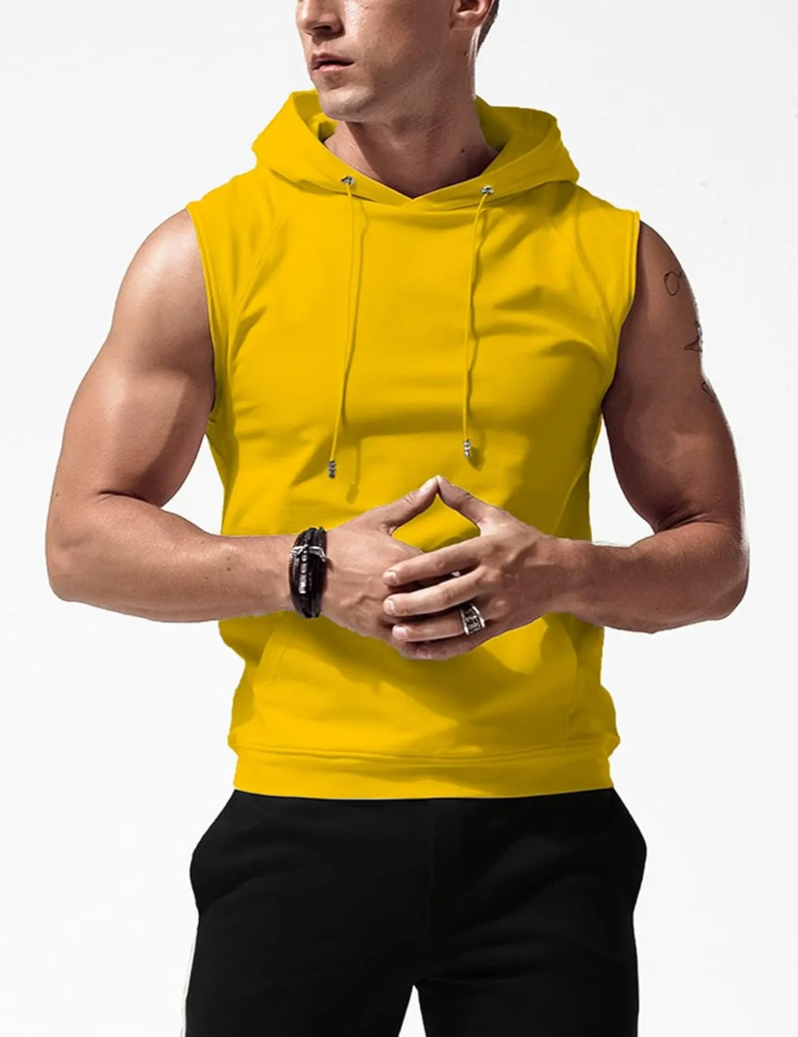 Sleeveless Hoodie Men Workout Hooded Tank Top Gym Muscle Shirts with Pocket