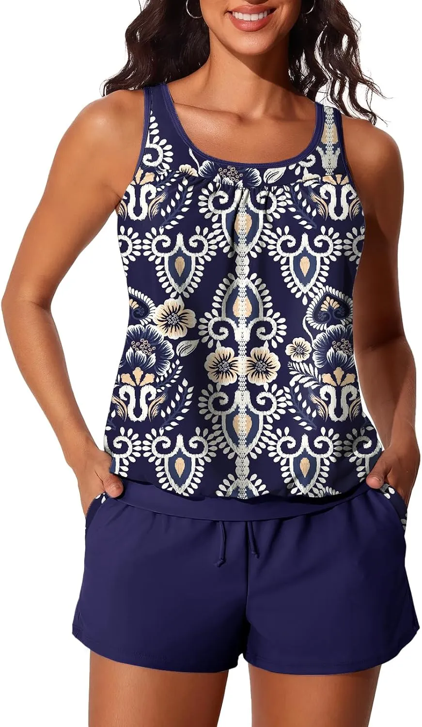 Summer Mae Blouson Women's Tankini Swimsuits Tummy Control Modest 2025 Two Piece with Sporty Pockets Bathing Suits