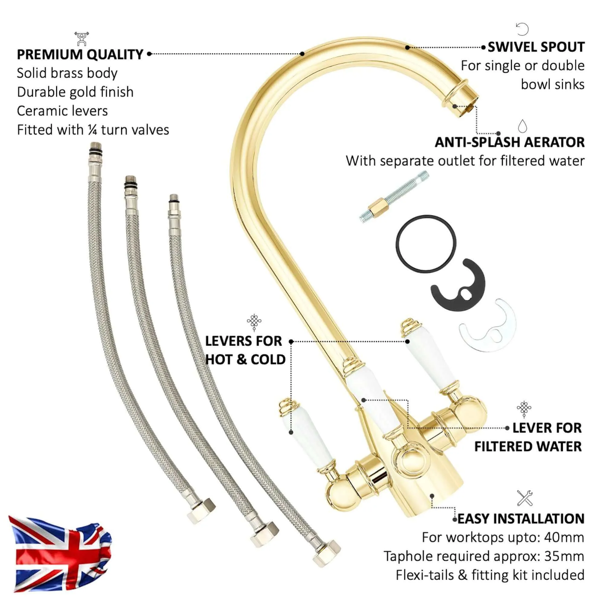Valencia traditional filter tap with ceramic levers - gold