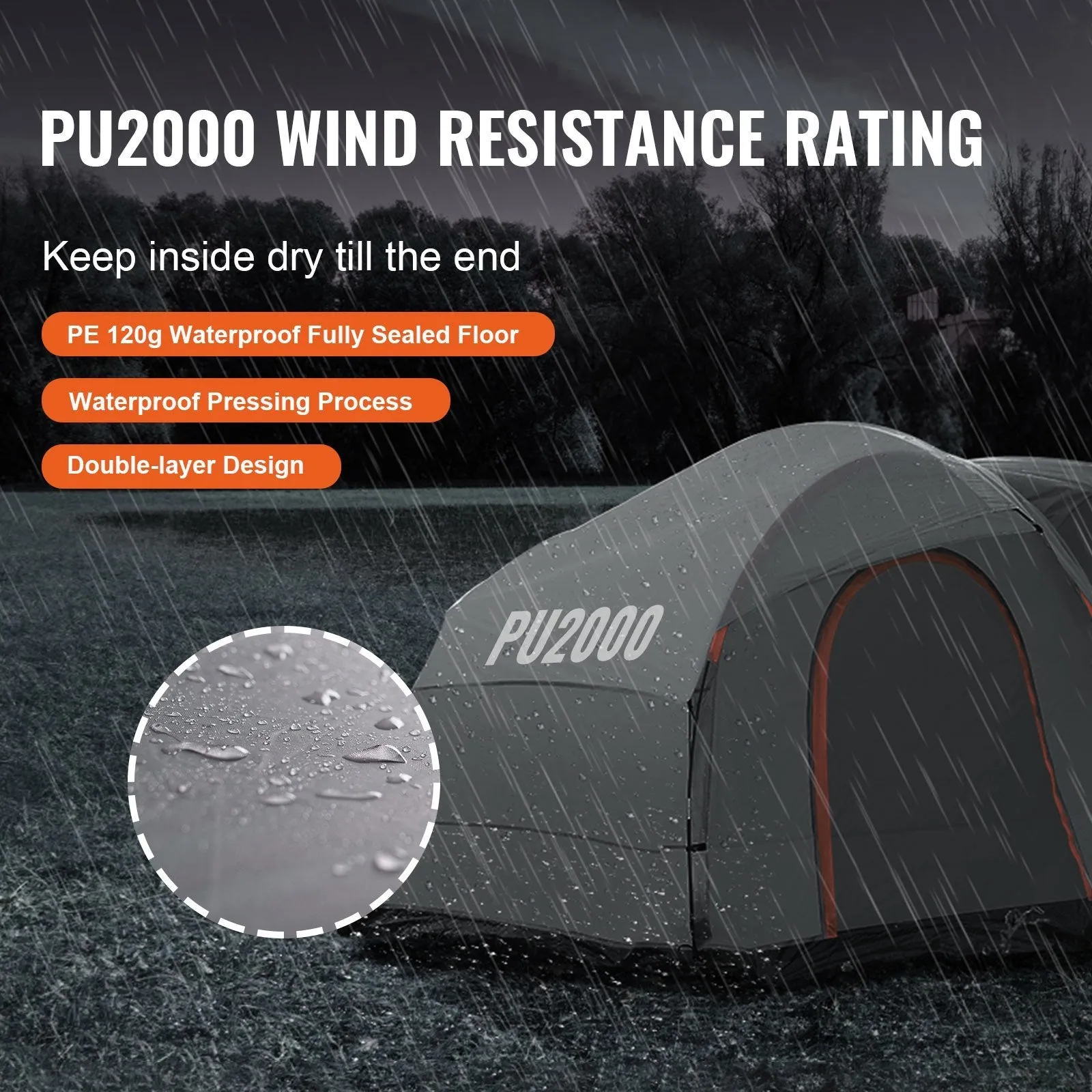 VEVOR SUV Camping Tent, 8'-8' SUV Tent Attachment for Camping with Rain Layer and Carry Bag, PU2000mm Double Layer Truck Tent, Accommodate 6-8 Person, Rear Tent for Van Hatch Tailgate