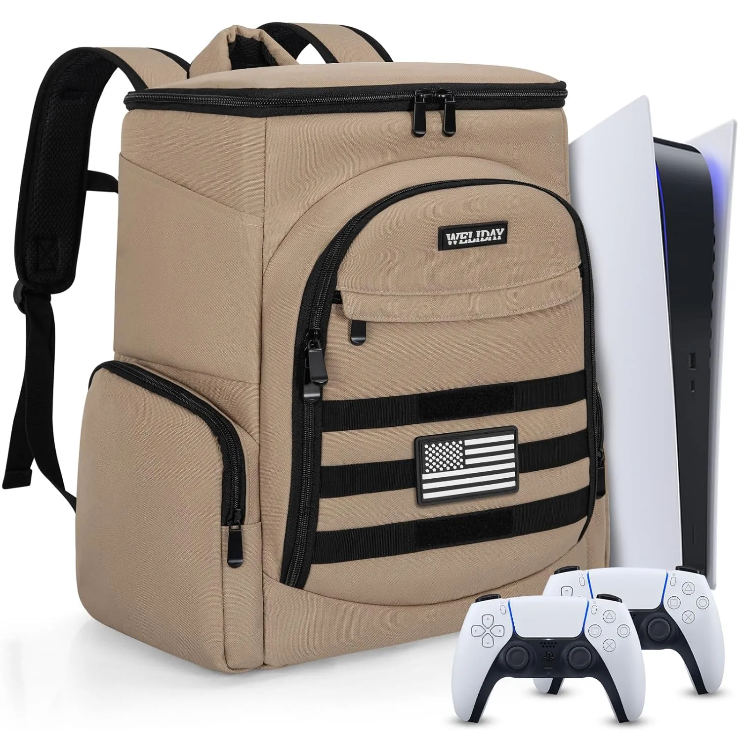 WELIDAY Gaming Console Backpack Compatible with PS5/PS5 Slim/PS5 Pro, Protective Travel Case with 15.6 Laptop Compartment and Multiple Pockets (Khaki)