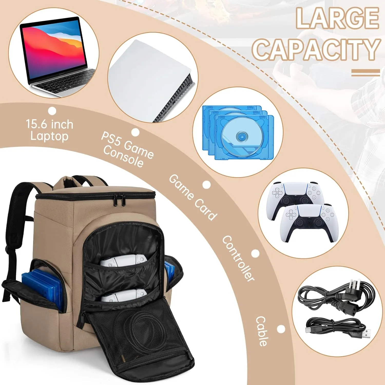 WELIDAY Gaming Console Backpack Compatible with PS5/PS5 Slim/PS5 Pro, Protective Travel Case with 15.6 Laptop Compartment and Multiple Pockets (Khaki)