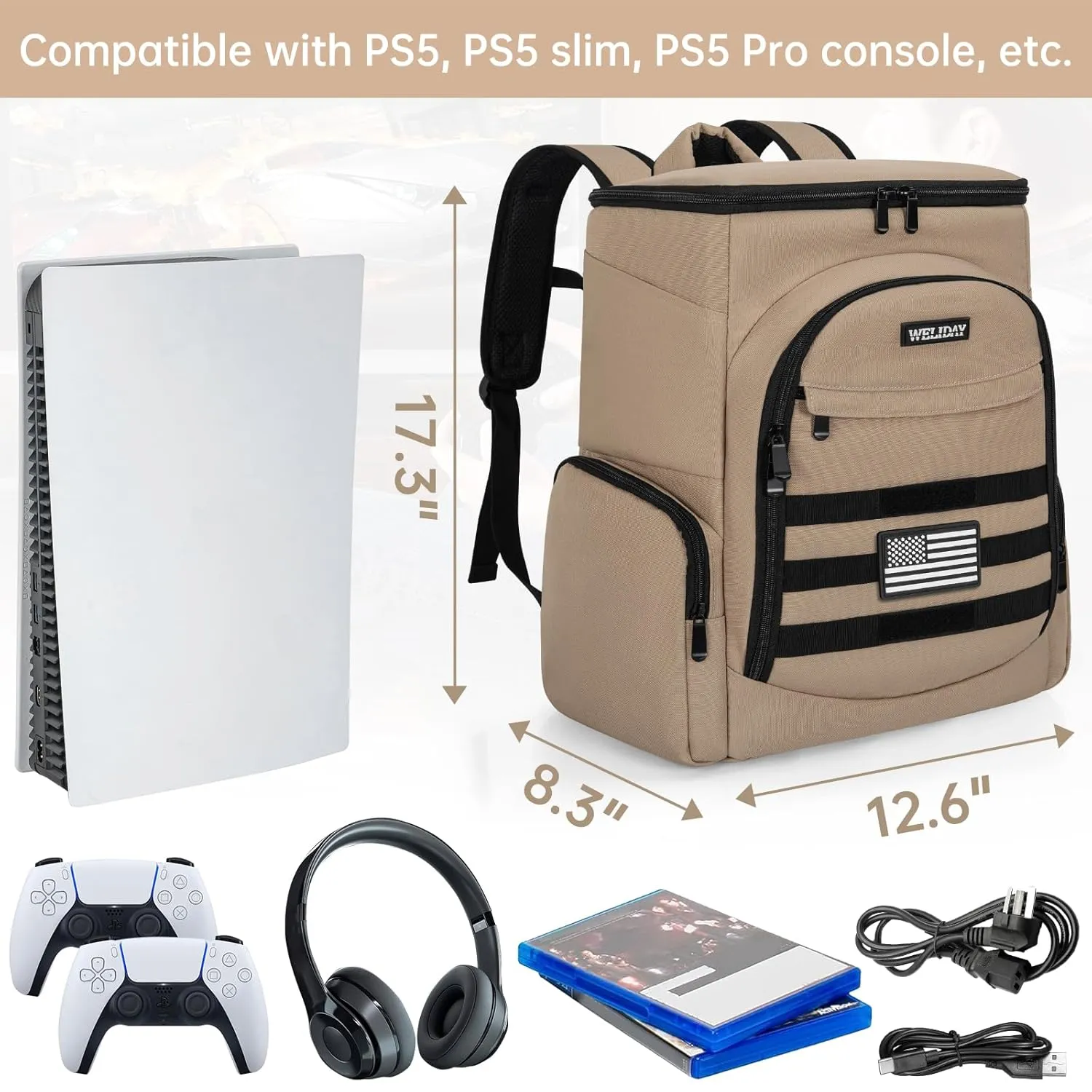 WELIDAY Gaming Console Backpack Compatible with PS5/PS5 Slim/PS5 Pro, Protective Travel Case with 15.6 Laptop Compartment and Multiple Pockets (Khaki)