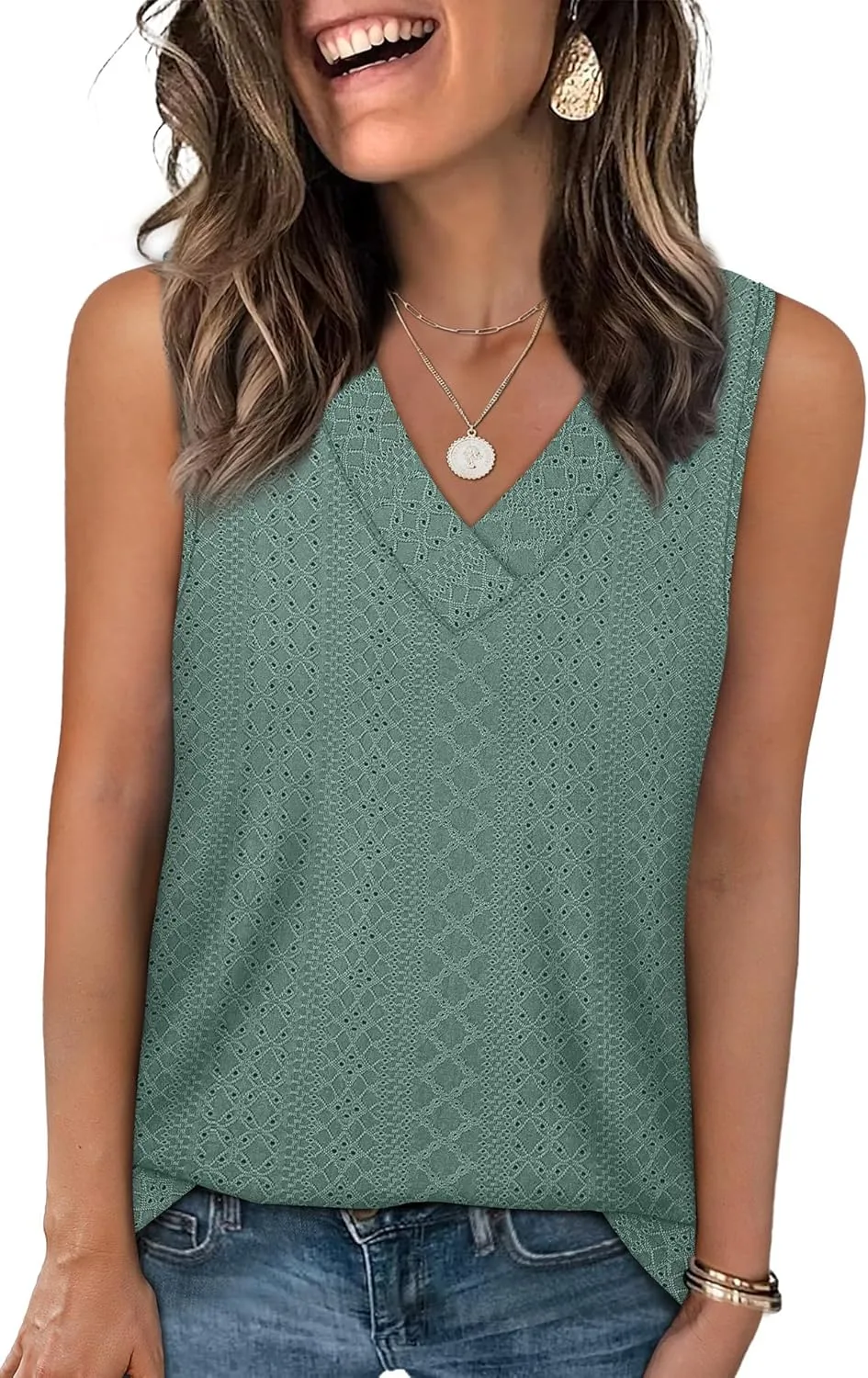 WIHOLL Tank Top for Women Summer Outfits V Neck T Shirts Trendy Eyelet Sleeveless Basic Beach Vacation Clothes
