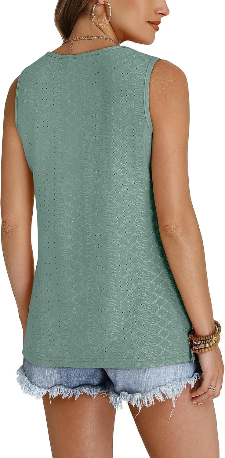 WIHOLL Tank Top for Women Summer Outfits V Neck T Shirts Trendy Eyelet Sleeveless Basic Beach Vacation Clothes