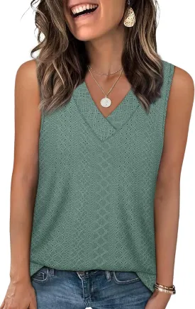 WIHOLL Tank Top for Women Summer Outfits V Neck T Shirts Trendy Eyelet Sleeveless Basic Beach Vacation Clothes