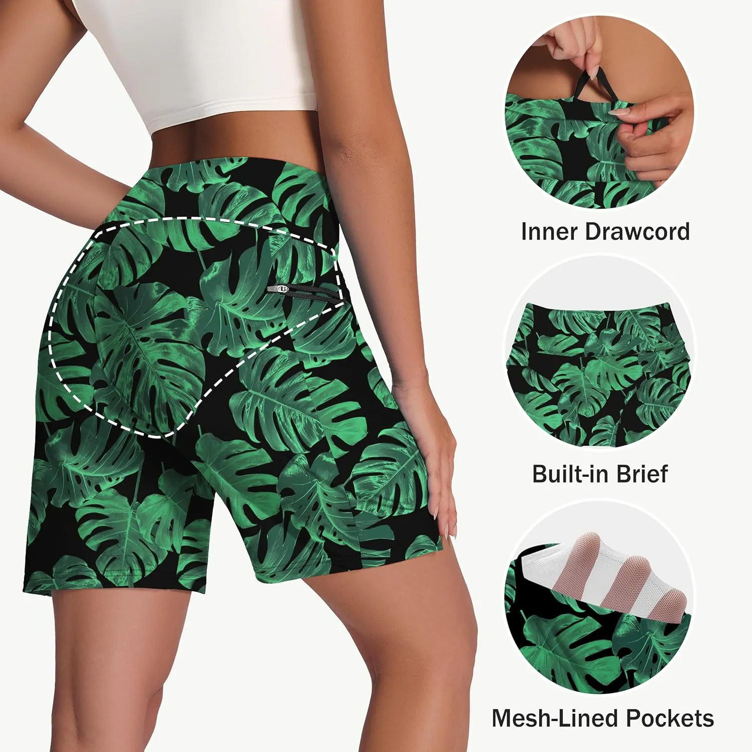 Women's 7" Long Swim Board Shorts - High Waisted Quick Dry Beach Swimming Swimsuit Bottom with Liner Zip Pockets UPF50
