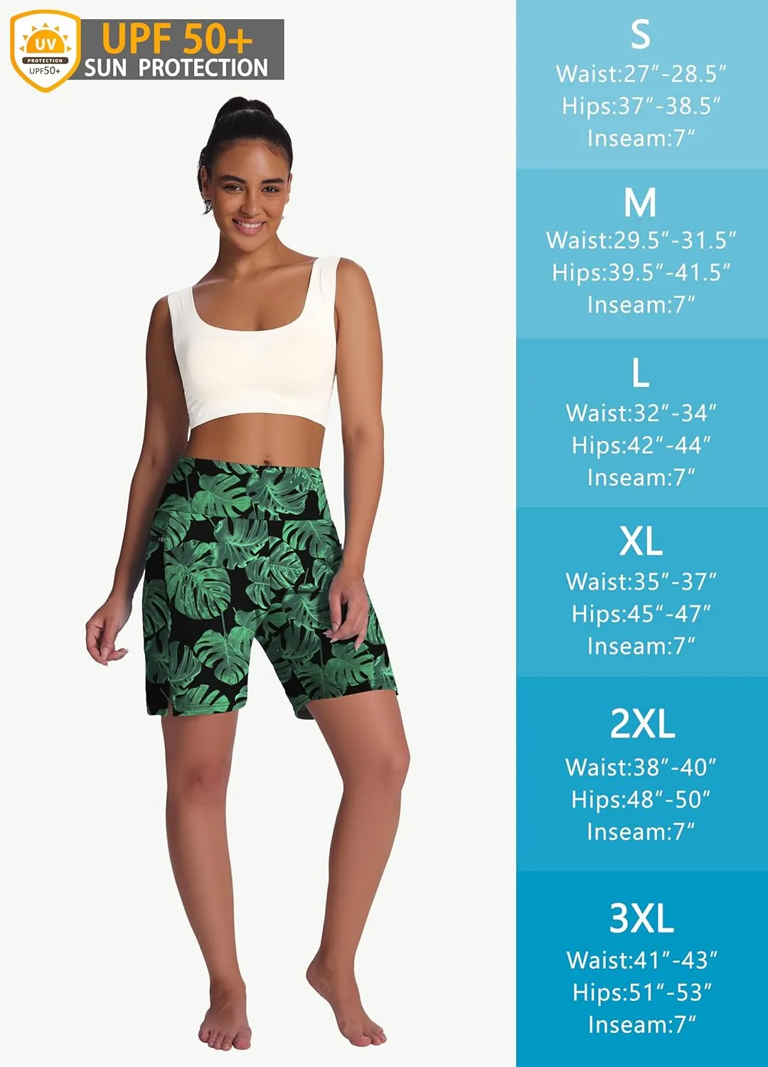 Women's 7" Long Swim Board Shorts - High Waisted Quick Dry Beach Swimming Swimsuit Bottom with Liner Zip Pockets UPF50