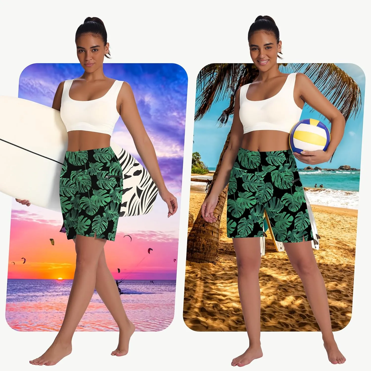 Women's 7" Long Swim Board Shorts - High Waisted Quick Dry Beach Swimming Swimsuit Bottom with Liner Zip Pockets UPF50